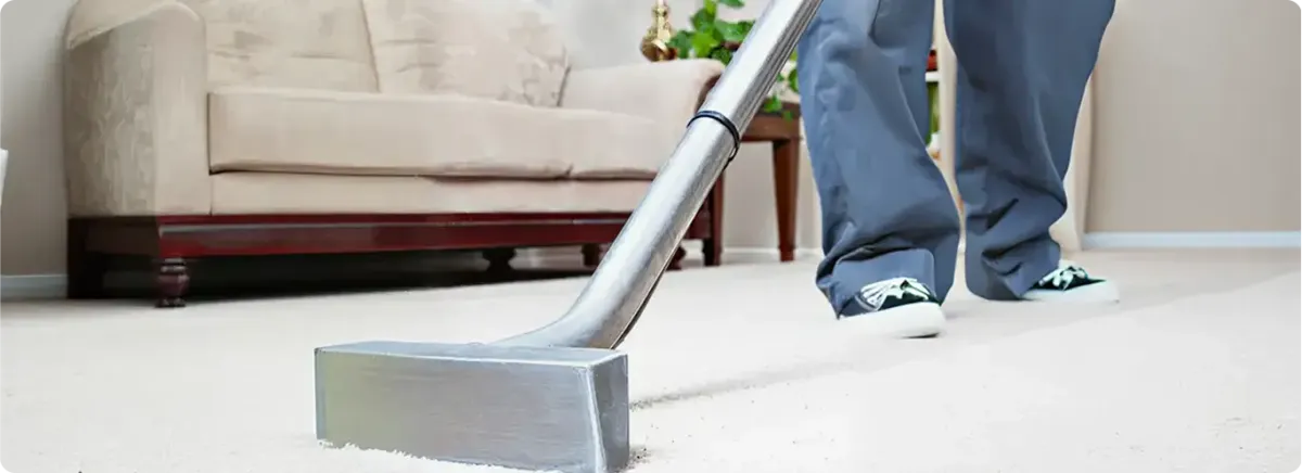 Carpet cleaning technician using a hot-water extraction wand on a light-colored carpet in a living room, Oklahoma City, OK.